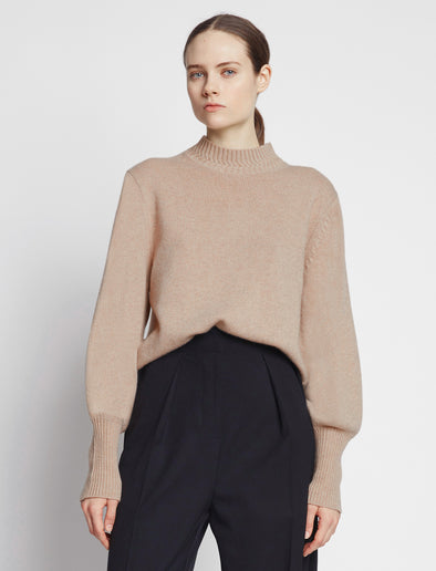 Front cropped image of model wearing Eco Cashmere Balloon Sleeve Sweater in OATMEAL