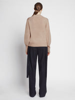 Back image of model wearing Eco Cashmere Balloon Sleeve Sweater in OATMEAL