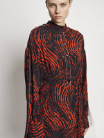 Detail image of model wearing Leopard Crepe De Chine Shirt Dress in RED MULTI
