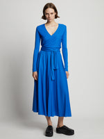 Front full length image of model wearing Matte Crepe Wrap Dress in BRIGHT BLUE