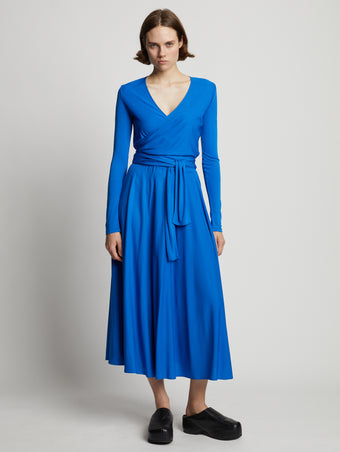 Front full length image of model wearing Matte Crepe Wrap Dress in BRIGHT BLUE