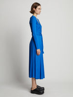 Side full length image of model wearing Matte Crepe Wrap Dress in BRIGHT BLUE