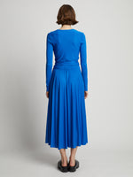 Back full length image of model wearing Matte Crepe Wrap Dress in BRIGHT BLUE