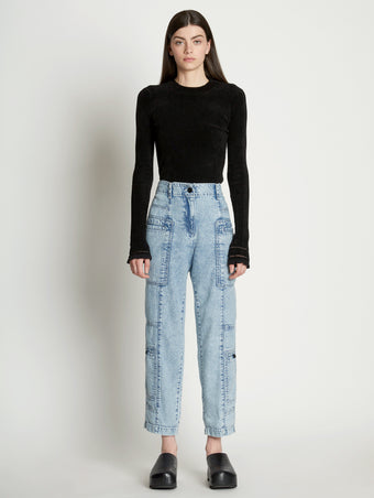 Front full length image of model wearing Chambray Pocket Pants in LIGHT INDIGO
