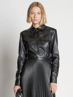Front cropped image of model wearing Faux Leather Tapered Shirt in BLACK