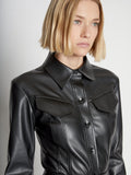 Back full length image of model wearing Faux Leather Tapered Shirt in BLACK