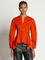Front cropped image of model wearing V-Neck Poplin Top in CHERRY