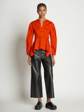 Front full length image of model wearing V-Neck Poplin Top in CHERRY