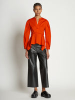 Front full length image of model wearing V-Neck Poplin Top in CHERRY