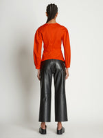 Back full length image of model wearing V-Neck Poplin Top in CHERRY
