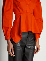 Detail image of model wearing V-Neck Poplin Top in CHERRY