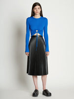 Front full length image of model wearing Matte Crepe Drawstring Top in BRIGHT BLUE