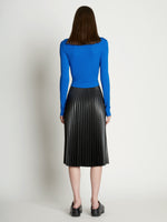 Back full length image of model wearing Matte Crepe Drawstring Top in BRIGHT BLUE