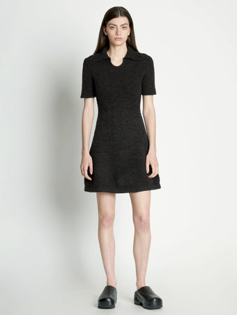 Front full length image of model wearing Fluffy Knit Polo Dress in PINE/BLACK