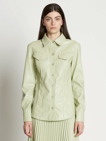 Front cropped image of model wearing Faux Leather Tapered Shirt in GREEN TEA