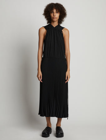 Front full length image of model wearing Pleatable Crepe Drawstring Dress in BLACK