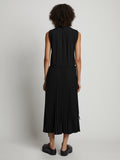 Back full length image of model wearing Pleatable Crepe Drawstring Dress in BLACK