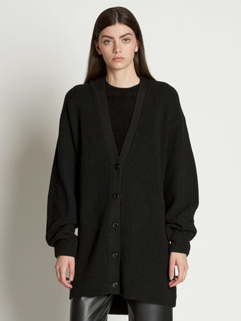 Front cropped image of model wearing Cashfeel Cardigan in BLACK
