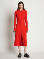 Front full length image of model wearing Rib Knit Button Front Skirt in VERMILLION