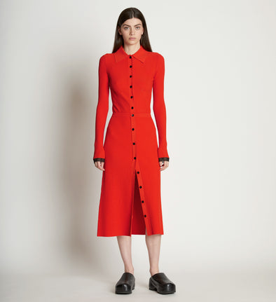 Front full length image of model wearing Rib Knit Button Front Skirt in VERMILLION