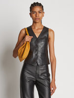 Front cropped image of model wearing Leather Vest in BLACK