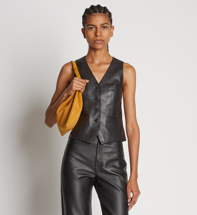 Front cropped image of model wearing Leather Vest in BLACK
