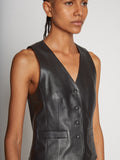 Detail image of model wearing Leather Vest in BLACK