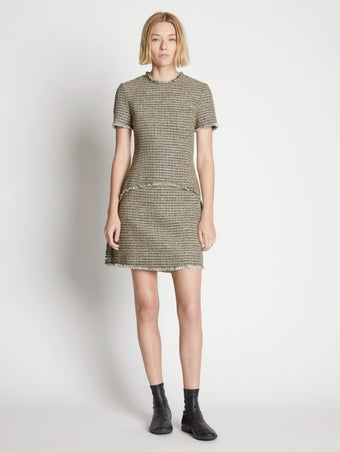 Front full length image of model wearing Tweed Mini Dress in YELLOW MULTI