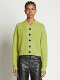 Front cropped image of model wearing Fluffy Knit Cardigan in AVOCADO/HONEYDEW