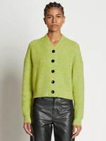 Front cropped image of model wearing Fluffy Knit Cardigan in AVOCADO/HONEYDEW
