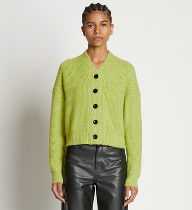 Front cropped image of model wearing Fluffy Knit Cardigan in AVOCADO/HONEYDEW