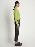 Side full length image of model wearing Fluffy Knit Cardigan in AVOCADO/HONEYDEW