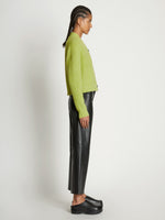 Side full length image of model wearing Fluffy Knit Cardigan in AVOCADO/HONEYDEW