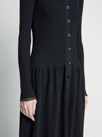 Detail image of model wearing Rib Knit Button Front Dress in BLACK