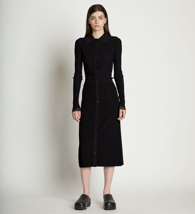 Front full length image of model wearing Rib Knit Button Front Skirt in BLACK