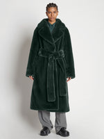 Front full length image of model wearing Faux Fur Belted Coat in PINE