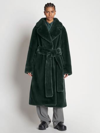 Front full length image of model wearing Faux Fur Belted Coat in PINE