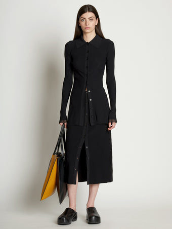 Front cropped image of model wearing Rib Knit Fitted Cardigan in BLACK
