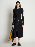 Front full length image of model wearing Rib Knit Fitted Cardigan in BLACK