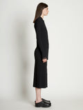 Side full length image of model wearing Rib Knit Fitted Cardigan in BLACK