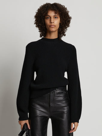 Front cropped image of model wearing Bell Sleeve Cashfeel Sweater in BLACK