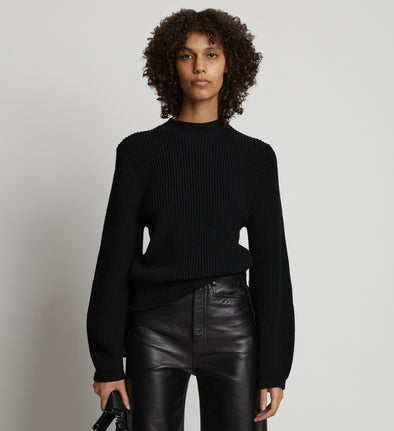 Front cropped image of model wearing Bell Sleeve Cashfeel Sweater in BLACK