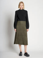 Front full length image of model wearing Pleatable Crepe Midi Skirt in STONE/BLACK