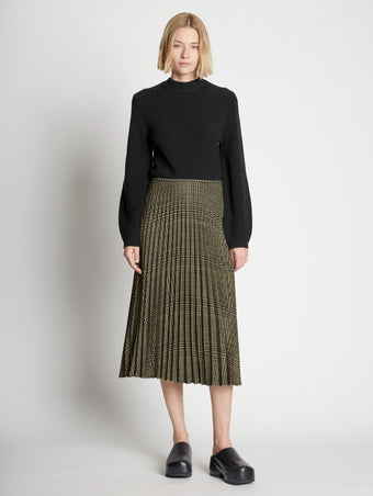 Front full length image of model wearing Pleatable Crepe Midi Skirt in STONE/BLACK