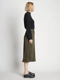 Side full length image of model wearing Pleatable Crepe Midi Skirt in STONE/BLACK