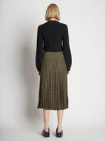 Back full length image of model wearing Pleatable Crepe Midi Skirt in STONE/BLACK