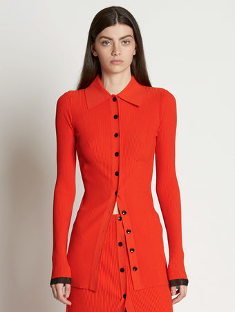 Front cropped image of model wearing Rib Knit Fitted Cardigan
 in VERMILLION