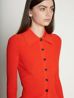 Detail image of model wearing Rib Knit Fitted Cardigan
 in VERMILLION