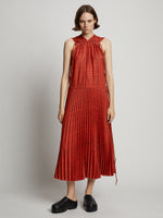 Front full length image of model wearing Pleatable Crepe Drawstring Dress in VERMILLION/BLACK