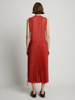 Back full length image of model wearing Pleatable Crepe Drawstring Dress in VERMILLION/BLACK